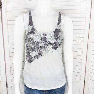 Express Sequin Front Tank Top Shirt White Purple Silver XS